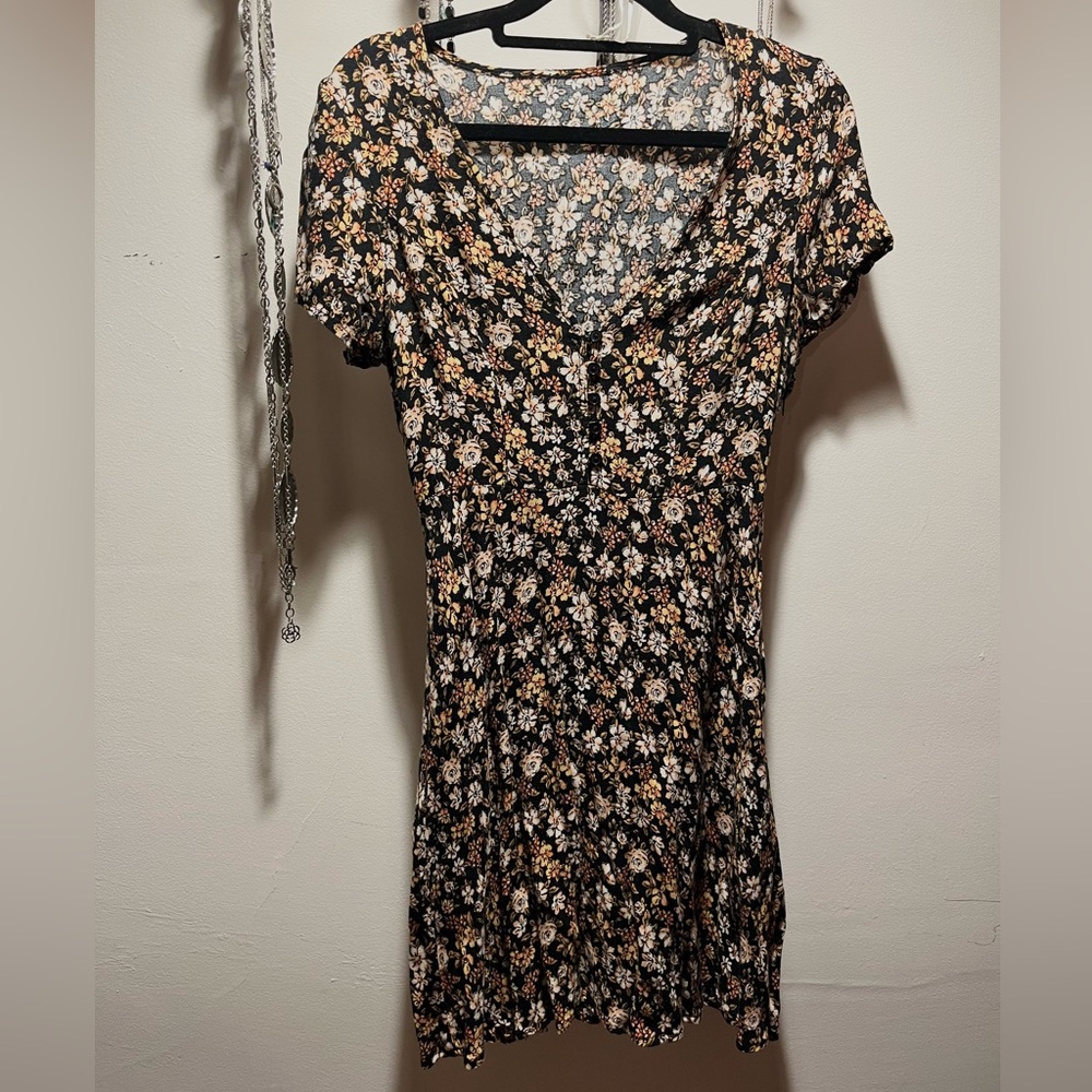 Floral Print Black and Golden Button-up Dress - Size S